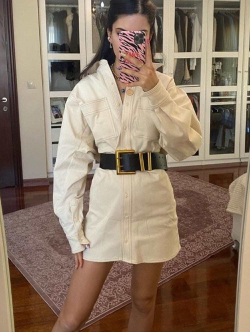 ZARA Cream Ecru Ruched Waist Utility Shirt Dress Size M